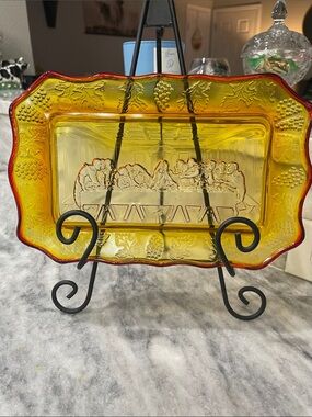 Tiara Amber Glass Platter with Red Rim and Embossed Relief
